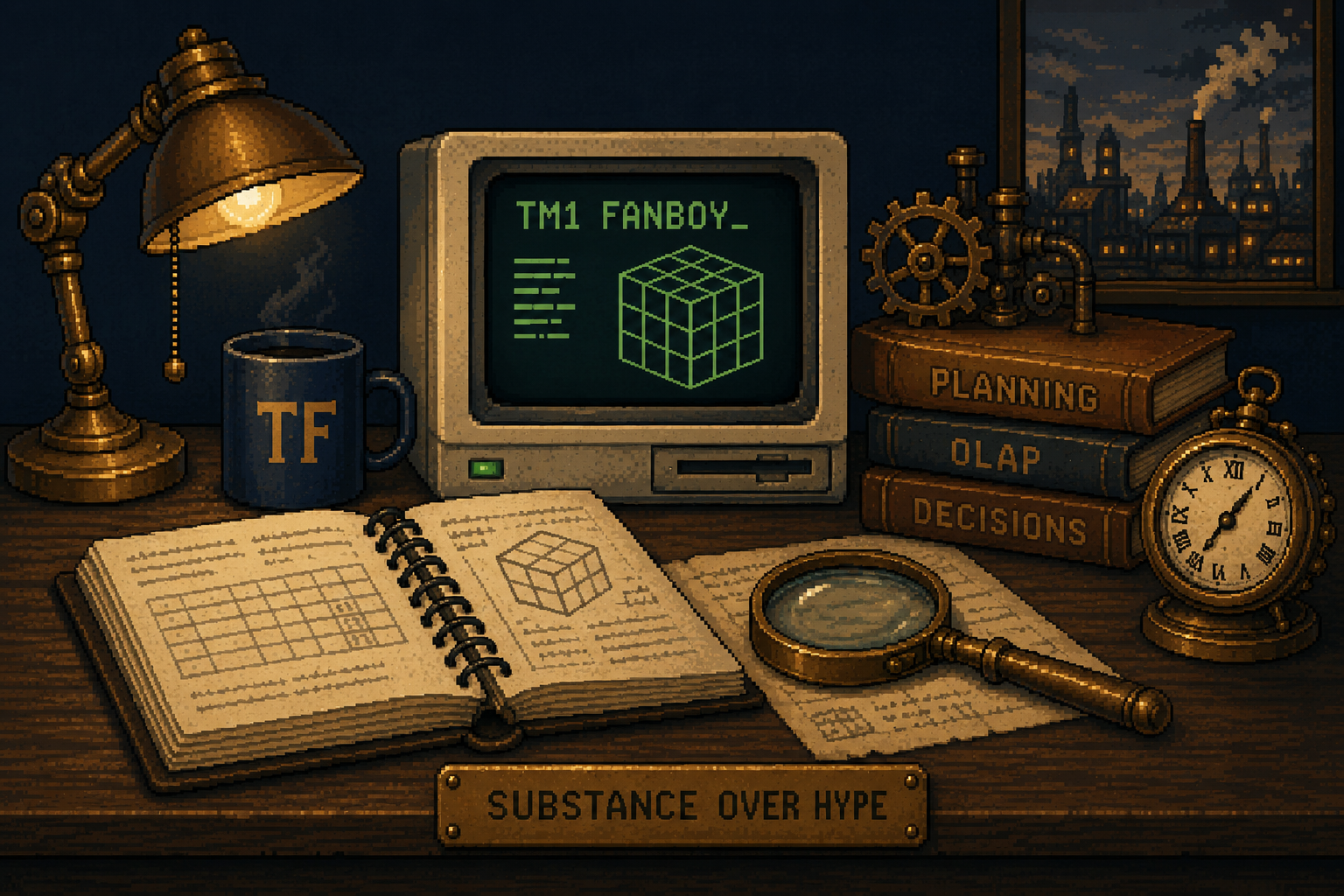 A warm steampunk pixel-art workspace with vintage planning artifacts, a green-screen computer showing a multidimensional cube, notebooks, planning books, brass instruments, and a quiet museum atmosphere.
