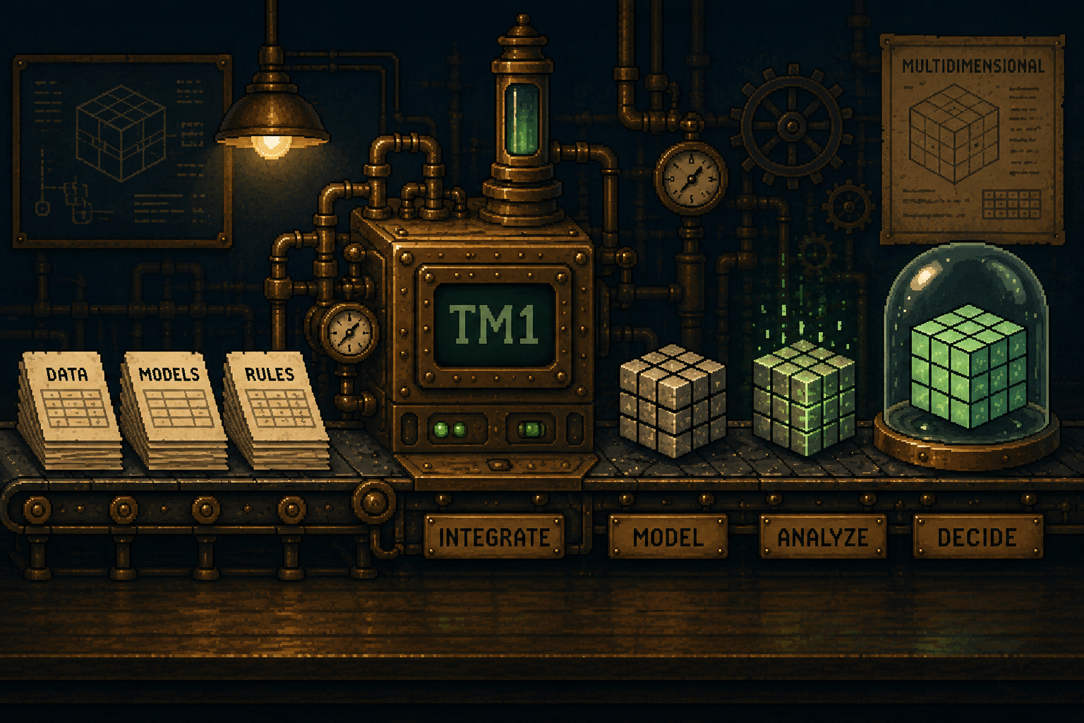 A steampunk mechanical planning engine transforms raw data into multidimensional planning models using brass machinery and glowing cubes.