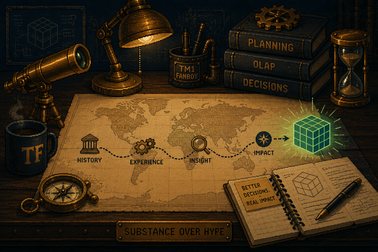A historical map illustrates the journey from knowledge to better decisions using planning artifacts, navigation instruments and a glowing multidimensional cube.