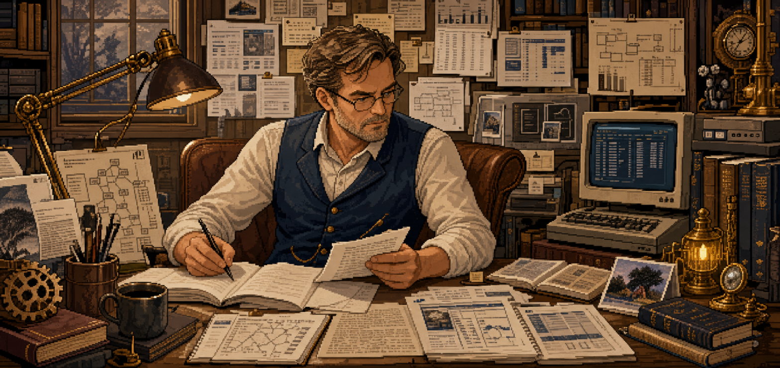 Pixel-art portrait of Christoph Hein at work as a researcher and writer, surrounded by papers, archival notes, and vintage computing artifacts.