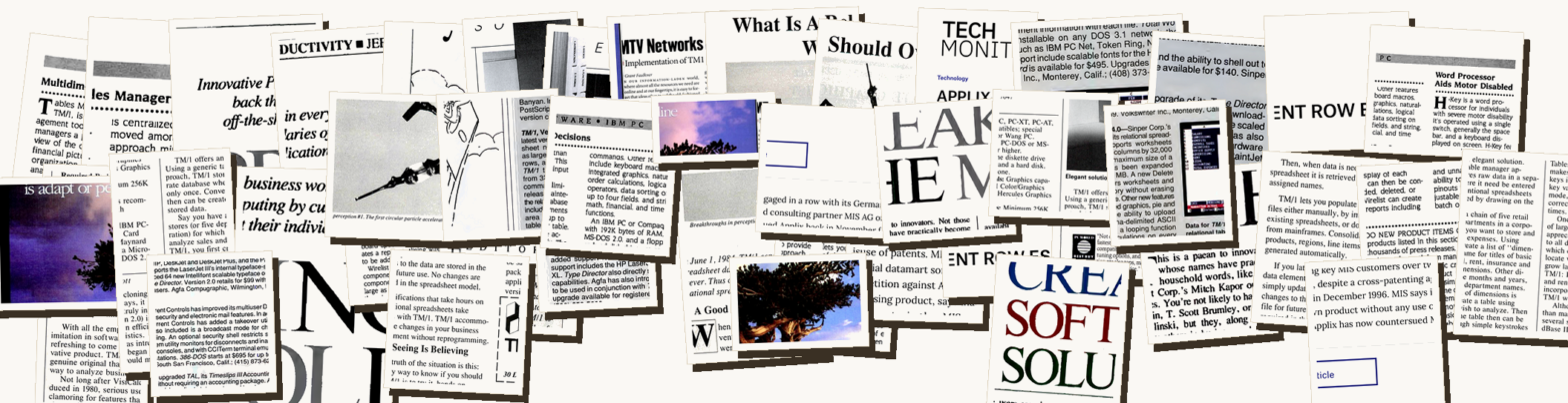 Header collage for the Sources page using archival English-language clippings from trade press, marketing material, and patent-related coverage.