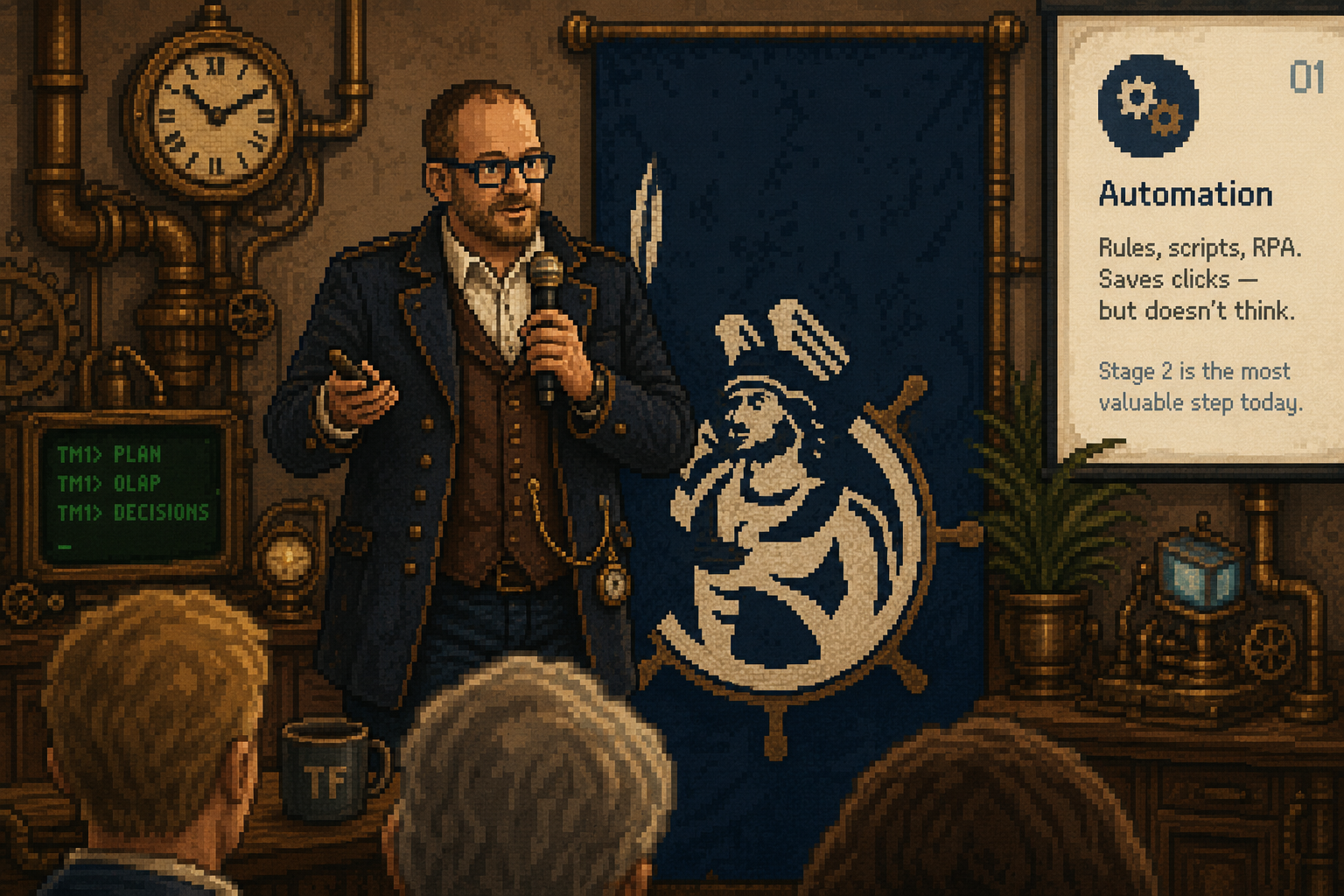Steampunk pixel art of Christoph presenting at a conference with a slide about ai.