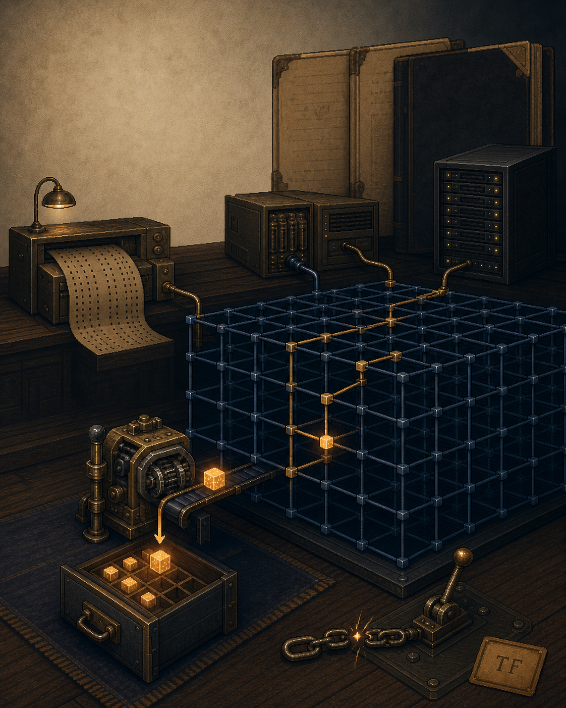 Pixel-art Planning Engine Room with a large, mostly empty navy cube, a few bronze data paths, and a requested cell moving through a calculation machine into a reusable cache.