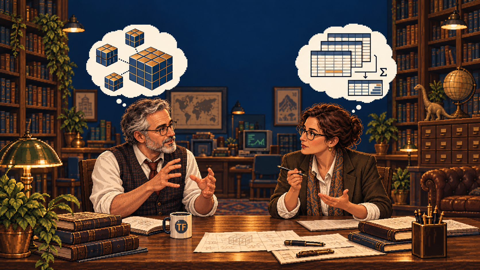 Wide pixel-art cover showing two planning practitioners in discussion, with one imagining connected multidimensional cubes and the other imagining layered analytical tables.